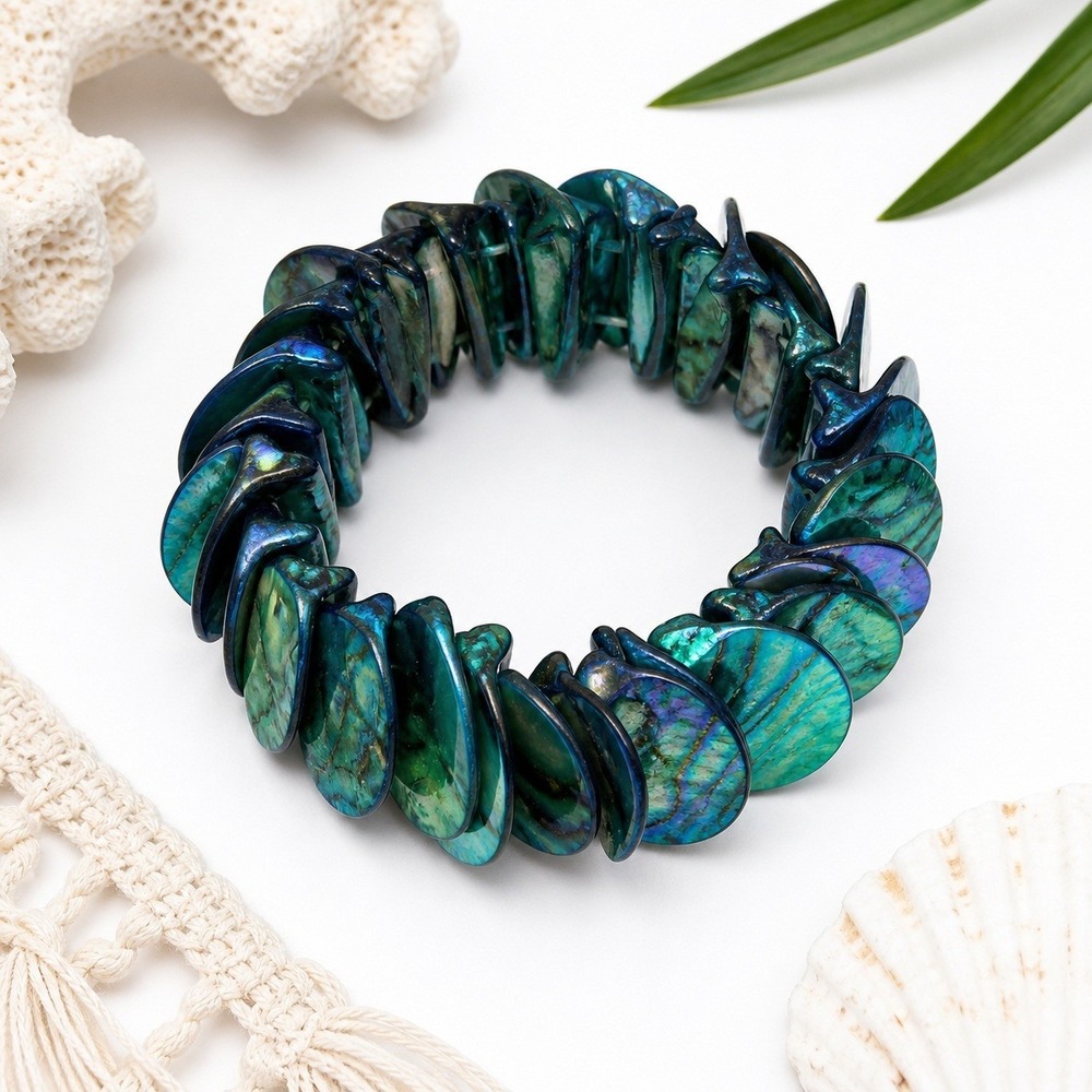Abalone Shell Stretch Bracelet Green Blue Chunky Boho Statement